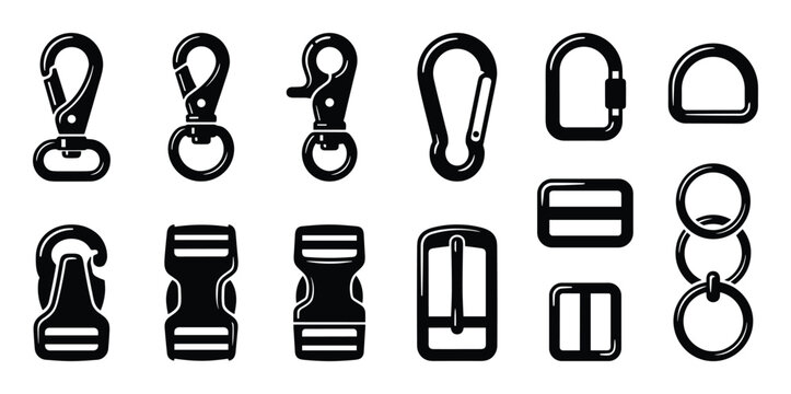 Collection of metal hardware parts includes swivel snap hooks, buckles, and rings in black silhouette style.