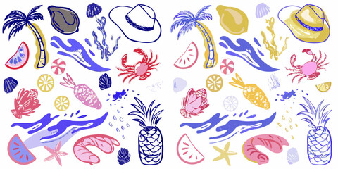 A vibrant collection of summer themed illustrations fruits sea creatures and plants
