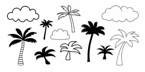 Black and white illustration of tropical palm trees and fluffy clouds