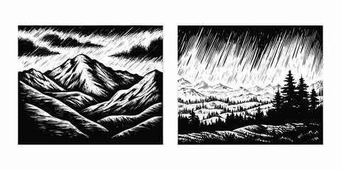Dramatic mountain landscapes rendered in a striking black and white woodcut style