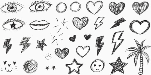 Hand drawn doodles featuring eyes lips hearts stars and tropical elements