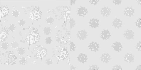 Subtle floral pattern with faint tree and bush silhouettes on a light background