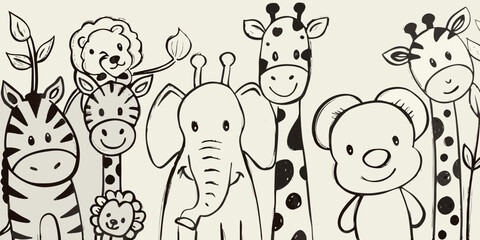 Charming illustration of adorable baby animals in a whimsical black and white design