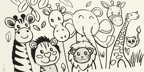 A charming black and white illustration of playful jungle animals together