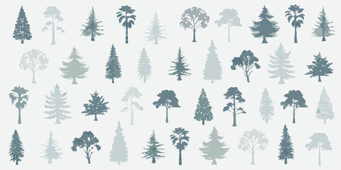 A collection of stylized tree silhouettes in varying shades of blue and gray