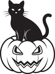 Halloween black cat sitting on spooky pumpkin silhouette icon vector featuring eerie witch vibes, haunted autumn night, creepy feline mascot, festive horror celebration graphic