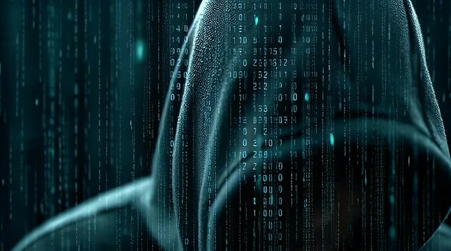 Anonymous hacker in a hoodie with binary code background