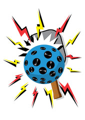 Pickle ball in blue with speakers on the ball holes and a paddle at the back with contact hitting marks and noise sound symbols concerning noise issue.