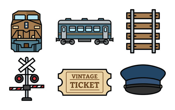 Colorful cartoon train icons consisting of a train engine, train car, train track, crossbuck and vintage ticket
