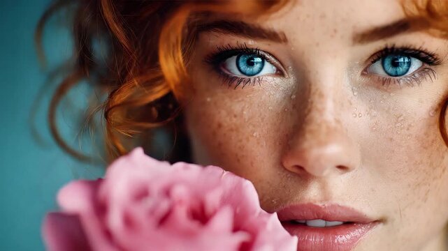 Young woman with red hair holding a pink rose near her face