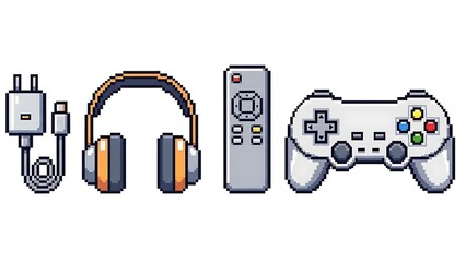 Pixelated gaming accessories headset controller and remote on white background