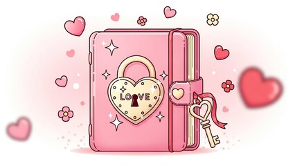 Pink love diary with golden heart lock and key surrounded by floating hearts and floral decorations in a romantic theme