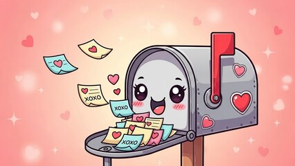 Charming cartoon mailbox with love letters and envelopes featuring hearts in a cheerful romantic illustration theme