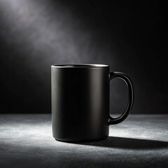 Black mug mock-up on dark background, dramatic studio lighting, premium minimal style
