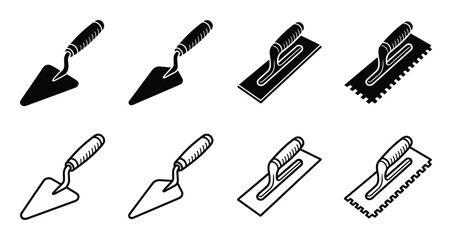 Construction trowel vector icons set, different types of tiling and pointing trowels, outline black and white.