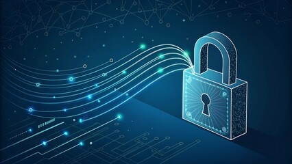 Digital padlock illustration with glowing data streams flowing into secure lock symbolizing network security data protection and cyberspace privacy defense