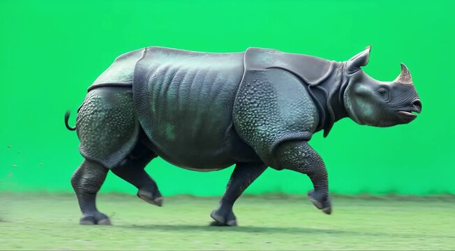 Indian rhinoceros running on green screen background in studio