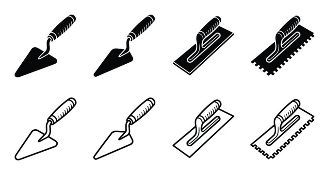 Construction trowel vector icons set, different types of tiling and pointing trowels, outline black and white.
