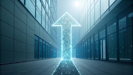 Luminous digital arrow pointing upwards in modern urban business district alley between glass office buildings symbolizing growth success financial progress startup achievement and corporate vision