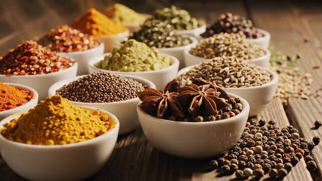 Variety of spices displayed in white bowls on a rustic wooden surface