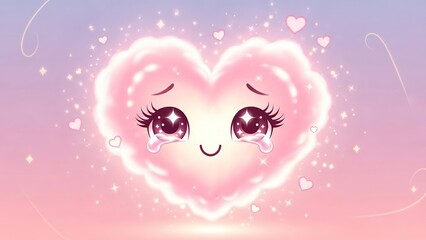 Cute anime heart character with emotional teardrop eyes and sparkling romantic design in soft pastel colors