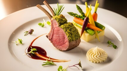 Gourmet Lamb Chops with Herb Crust and Vegetable Garnish on a White Plate