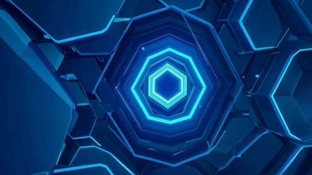A blue futuristic hexagonal grid glowing with neon lights and creating a technological abstract pattern. 4k Video footage.