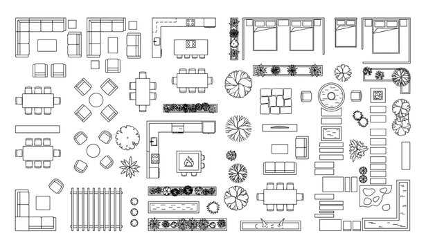Detailed architectural floor plan symbols including furniture, trees, and garden elements. Black and white blueprint design.