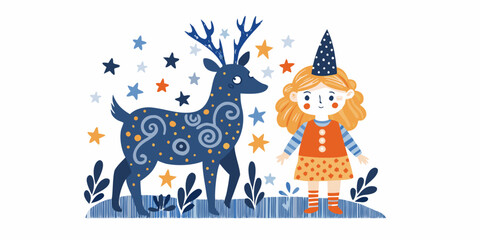 A whimsical illustration of a girl with a reindeer under starry skies © krishna
