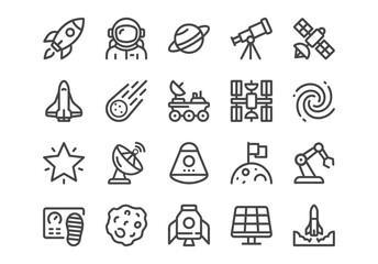 Space exploration line icons set. Vector collection of cosmos symbols including rocket, astronaut, planet, rover, satellite, and telescope isolated on white background.
