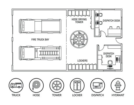 Detailed black and white floor plan of a fire station, showcasing firetrucks, dispatch, and hose drying tower.