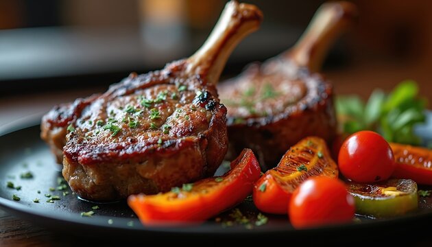 Juicy bone-in steaks grilled to perfection served on a black plate with fresh tomatoes and herbs. This appetizing meat dish is a culinary delight, perfect for restaurant menus.