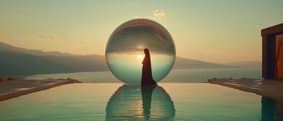Person stands within a transparent sphere reflecting serene sunset
