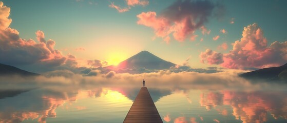 Person standing on a pier towards a mountain at sunrise over calm water
