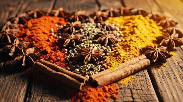 Vibrant assortment of spices on rustic wooden surface with star anise and cinnamon sticks