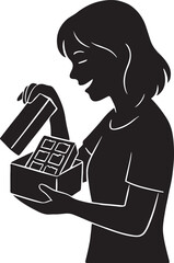 Black vector shillhoutee of young woman surprised to see the chocolate box gift 