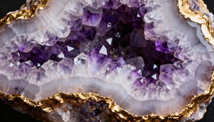 Amethyst Geode with Sparkling Crystals and Gold Edging on Black Background