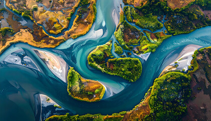 Aerial view of braided river branches flowing through natural landscape with green vegetation