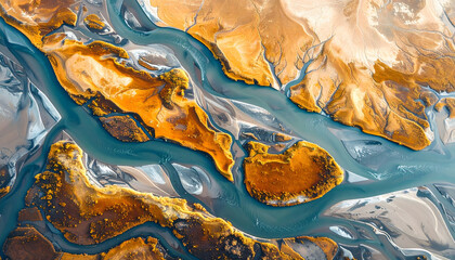 Aerial view of meandering river flowing through natural landscape with sand patches and vegetation