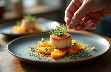 Chef adds fresh herb garnish to seared scallop dish with orange slices on plate. Plated meal shows fine dining presentation in kitchen, gourmet food art.