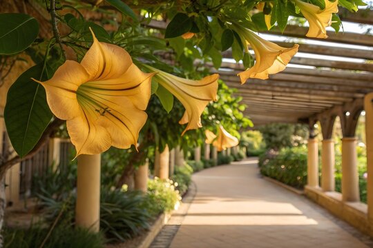 Solandra Maxima Ornamental Vine with Golden Chalice Flowers on Garden Pergola