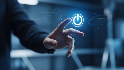 Person activating digital power button on a screen technology concept
