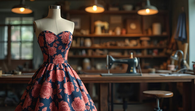 Strapless dress with rose pattern on mannequin in tailor workshop. Sewing machine and shelves in background create vintage atmosphere. Feminine garment for fashion designers.