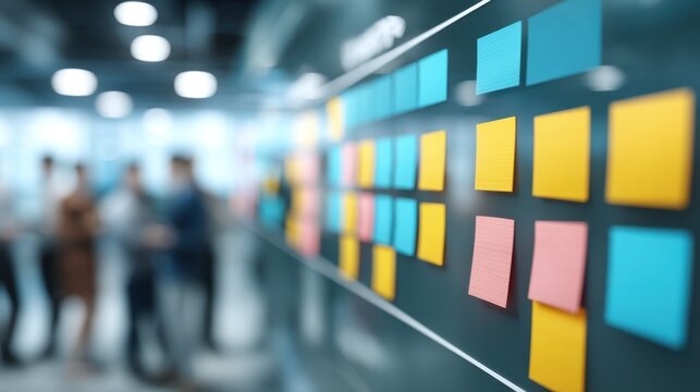 Digital Project Management Visualization with Colorful Sticky Notes on Boards in Modern Office Environment