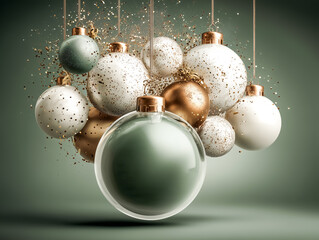 A collection of elegant white, gold, and green Christmas ornaments sparkling with festive cheer.