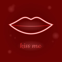 Lips and the text "Kiss Me" on a red background. Neon. Vector illustration. Festive background for Valentine's Day. Greeting card. Invitation. Sale and discount banner. Valentine.