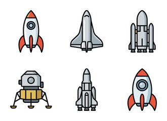 Detailed vector art featuring six spacecraft. Rockets and a lunar lander in an illustrated style.