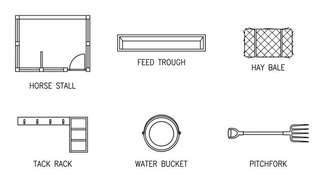 Detailed vector line art showing horse stall equipment. Features a feed trough, hay bale, tack rack, water bucket.