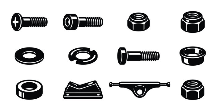 Detailed vector of skateboard truck parts illustration. Bolts, nuts, washers, trucks are visible in black and white.