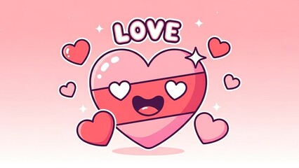 Cute animated red heart character with cheerful expression and love text in a soft pink romantic theme illustration